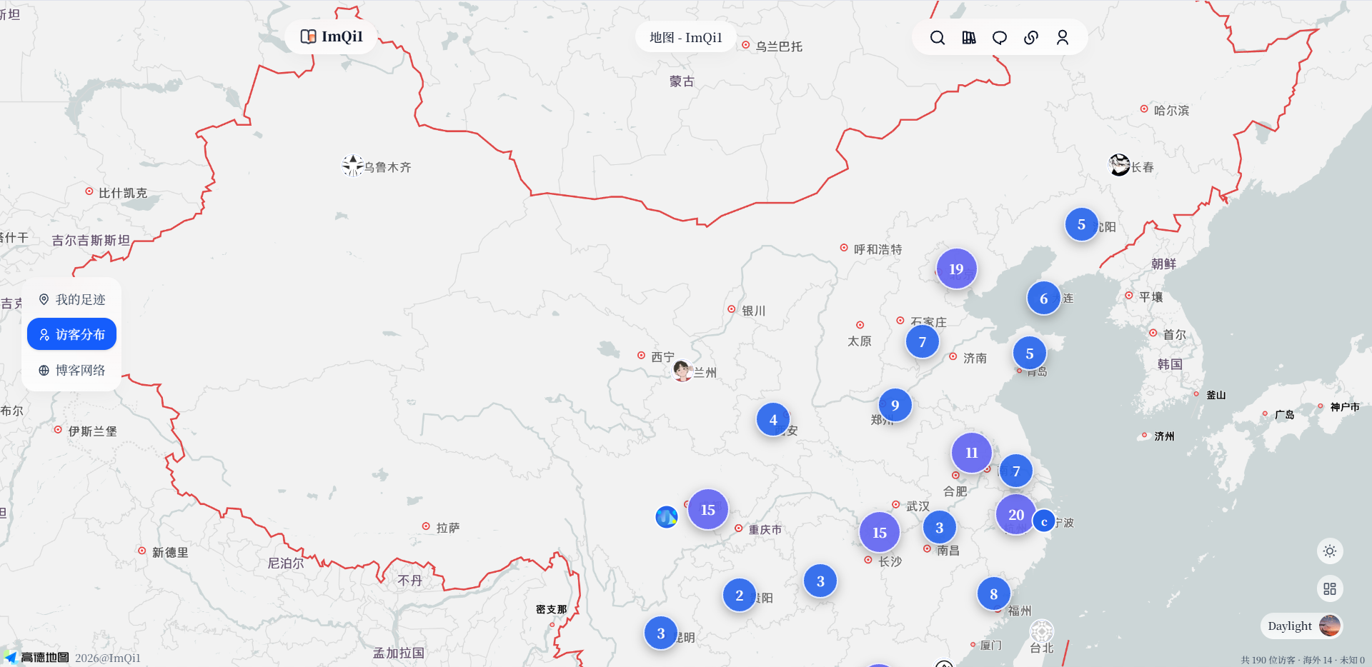 地图页:博客网络、我的足迹与访客分布